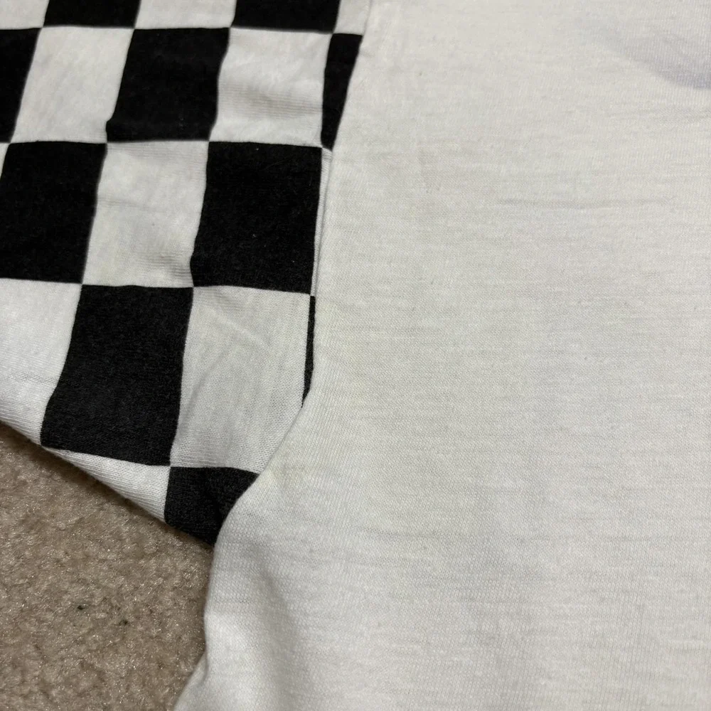 Vtg 70s NASCAR Shirt Ray Elder‎ XL 18-20 Fits Small White Sears Checkered Sleeve